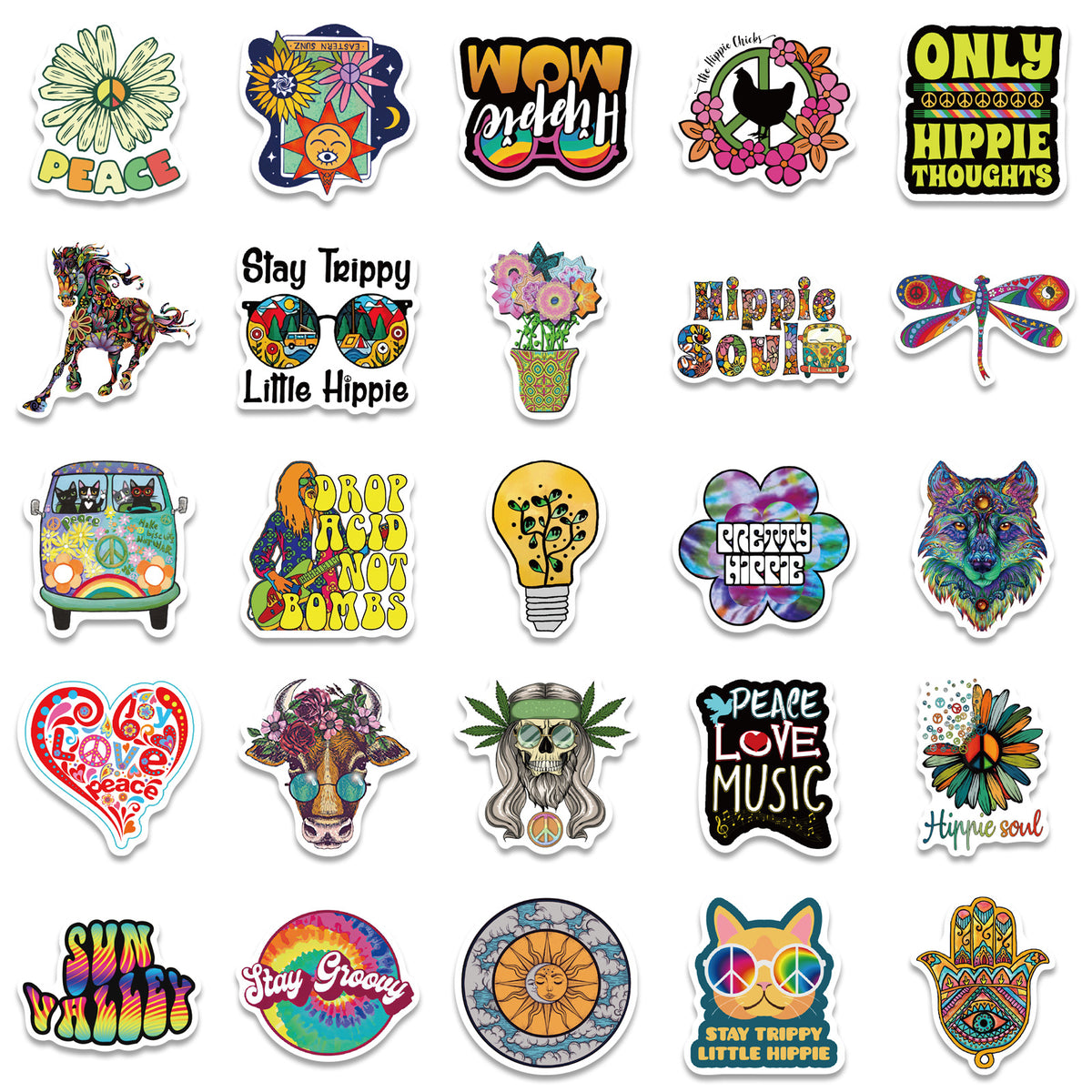 50 Stickers Hippie Cartoon Hippie Ligne de Décoration Personnalisée