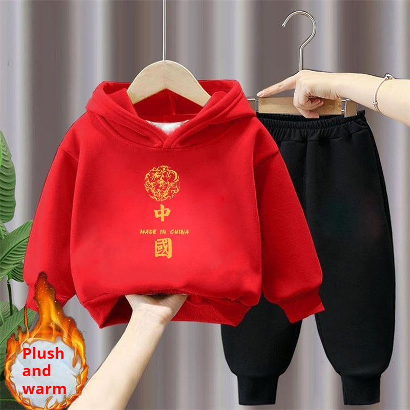Ensemble de deux pièces à capuche et à sweatpants rouge festifs de style chinois doublé de polaire