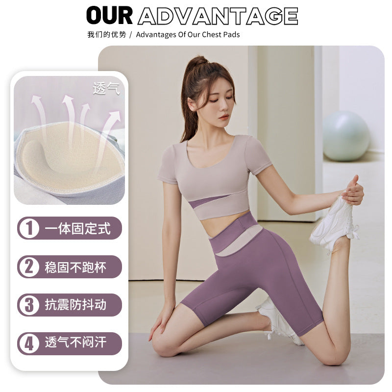 Women's Color Block Yoga Short Sleeve Top with Built-in Bra Pads