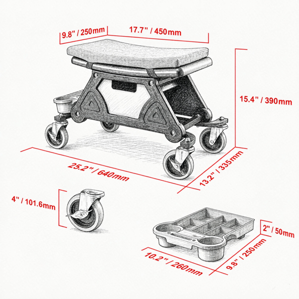 Tabouret mécanique roulant de 300 LBS avec 4pouces Roues