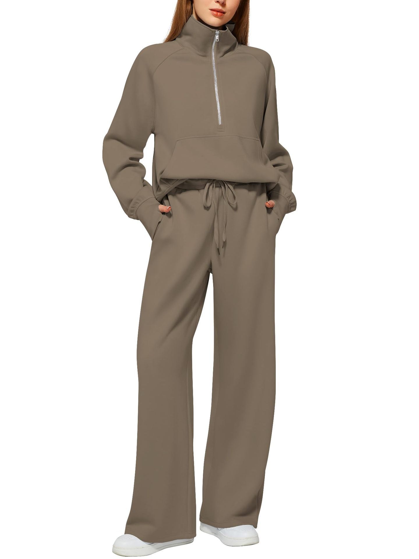 European and American Amazon Women's Two Piece Set Sweatshirt surdimensionné demi-zip Wide-Leg