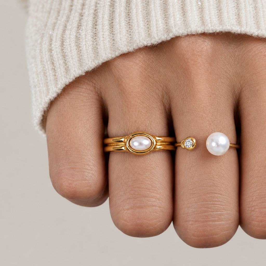 Pearl Zircon anneau en acier inoxydable pour les femmes