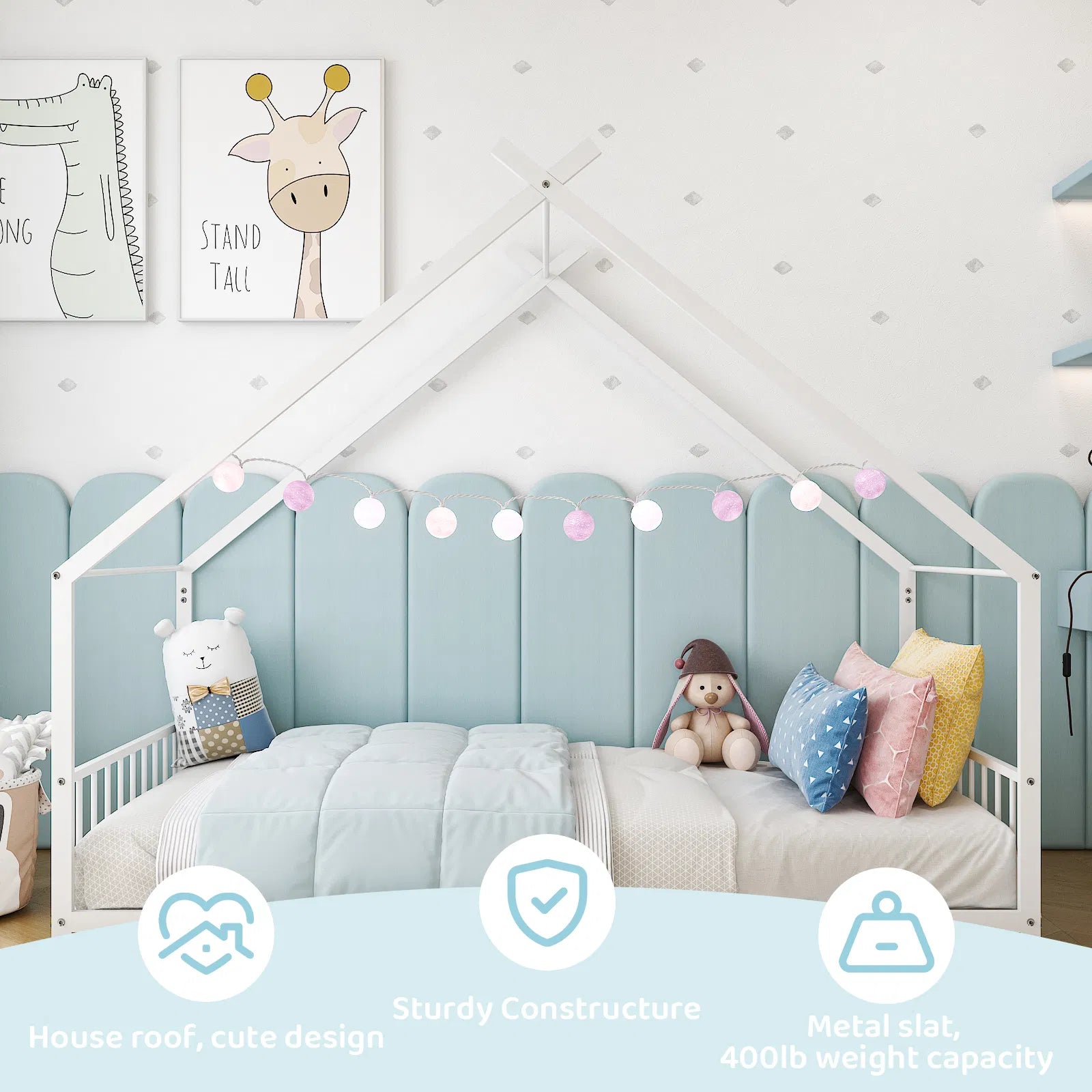 Maison de lit plat blanc en forme avec garde-corps latéraux Lit de fer pour enfants jumeaux