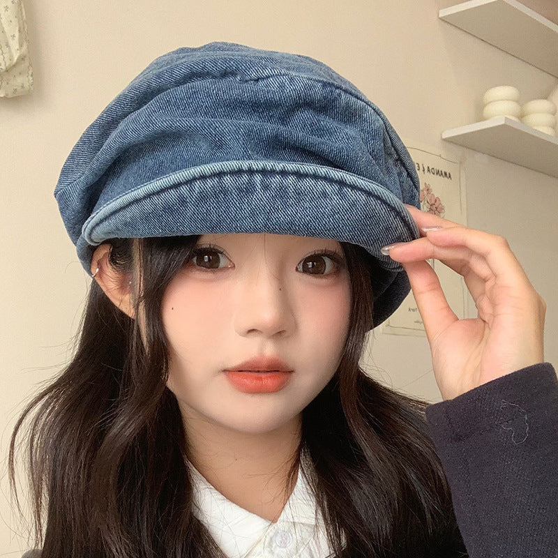 Beret de denim plissé pour femmes de style japonais