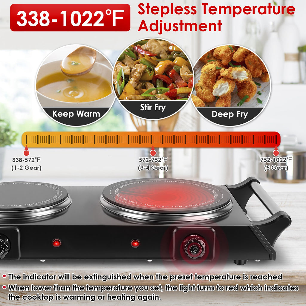 1800W Plaque de chauffage portable à double brûleur électrique plaque de cuisson de comptoir RV plaque avec 5 Te