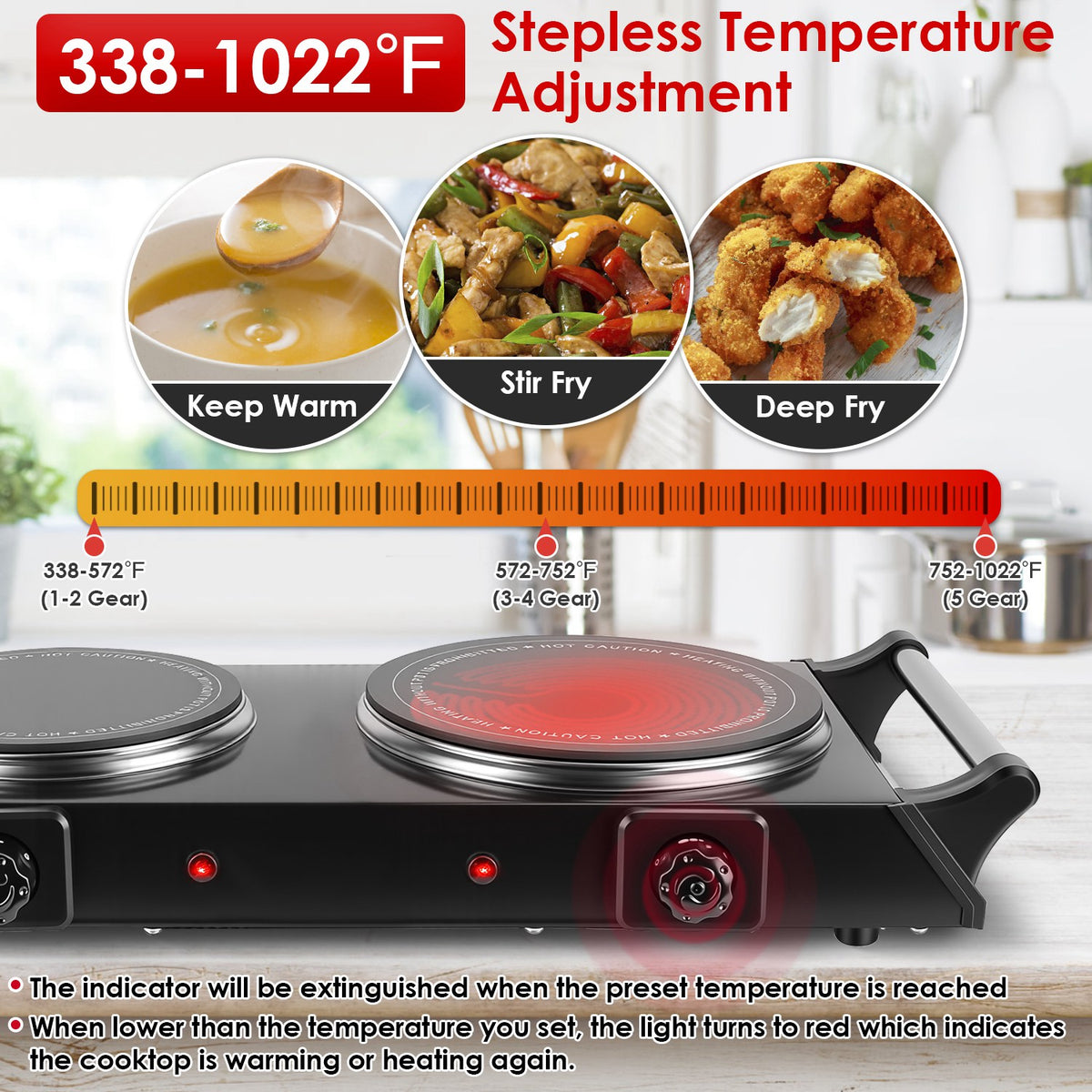 1800W Plaque de chauffage portable à double brûleur électrique plaque de cuisson de comptoir RV plaque avec 5 Te