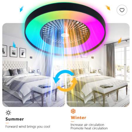 Éventail de plafond noir de 23 pouces avec LED RGB dimmable et changement de couleur
