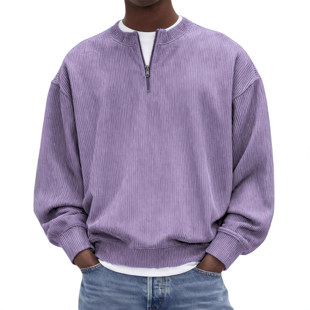 Casual hommes manches longues Corduroy Top avec un collier debout et une demi-zip