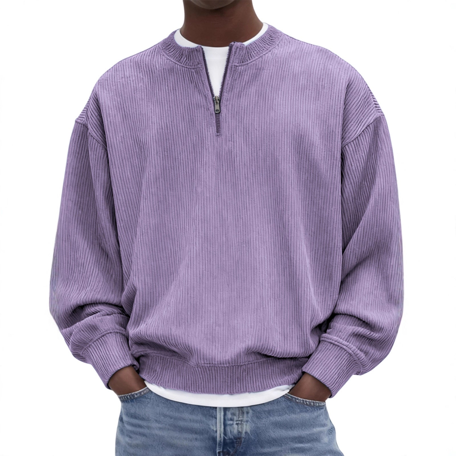 Casual hommes manches longues Corduroy Top avec un collier debout et une demi-zip