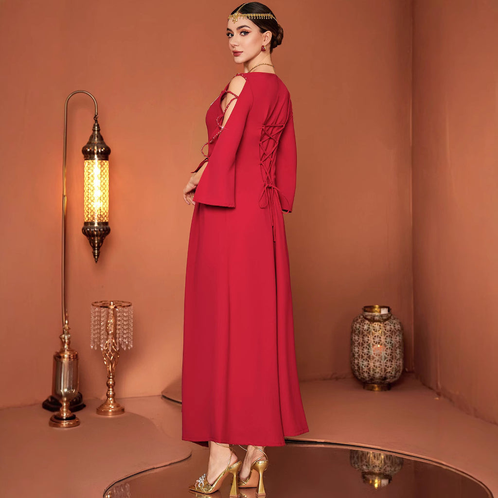 Modèle Red Designer Perceuse de couture à main dans l'industrie lourde Robe hors de l'épaule