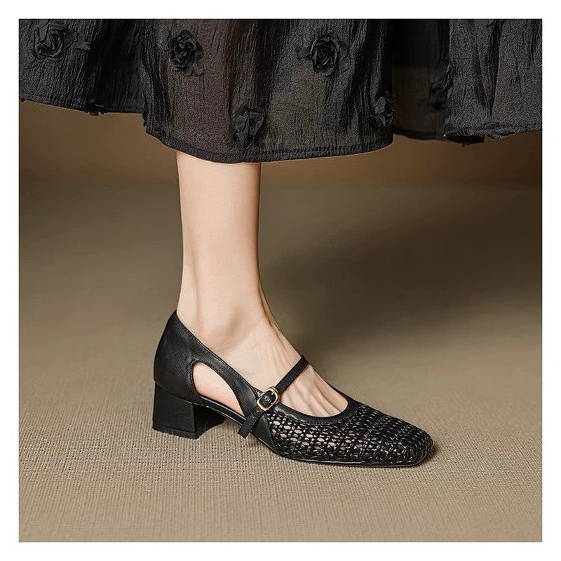 Carré Toe Woven Openwork Mary Jane Sandals Femmes Mid Heel Bracelet simple