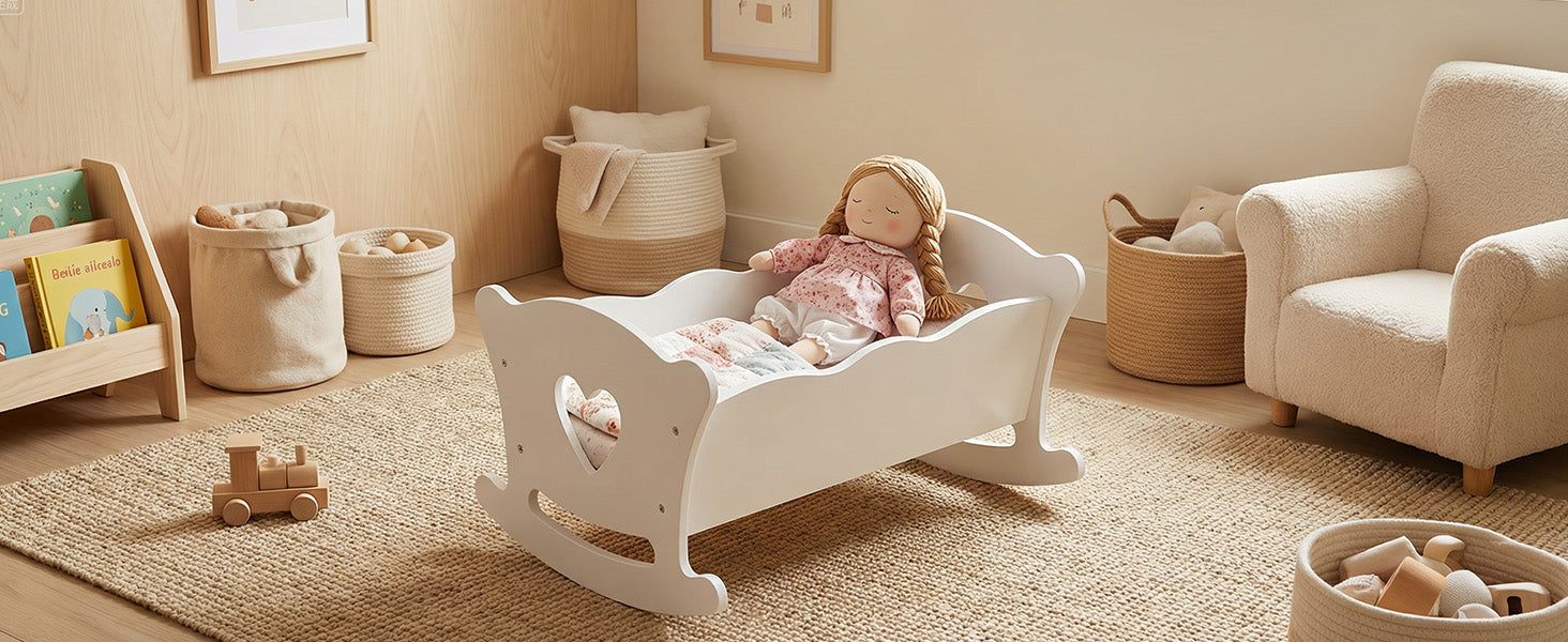 Poupée en bois jouer Cradle Rocking Baby Doll Crib avec literie rose pour poupées jusqu'à 20 en