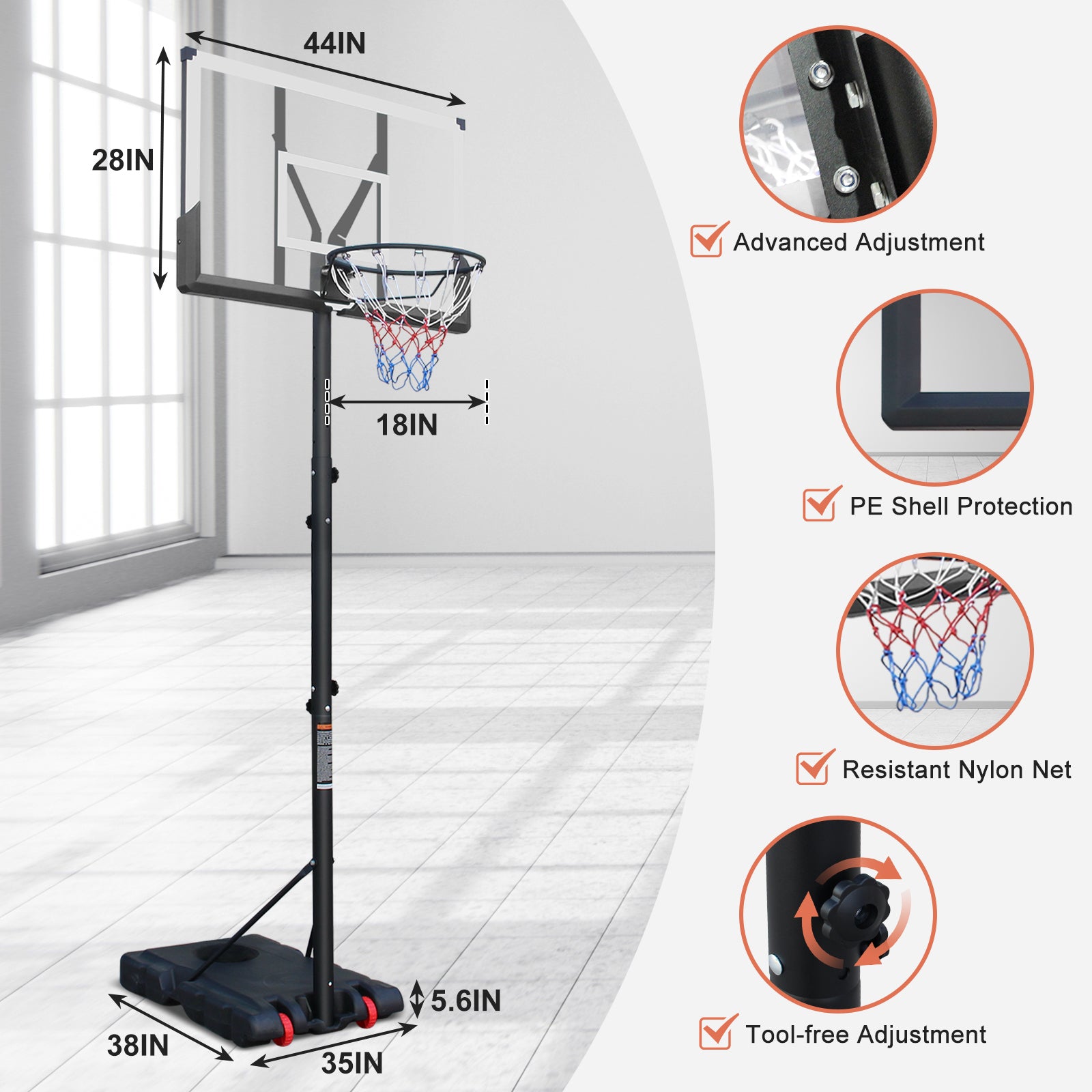 Basketball Hoop 5.73-10FT But de basketball portable réglable en hauteur pour intérieur extérieur Ba
