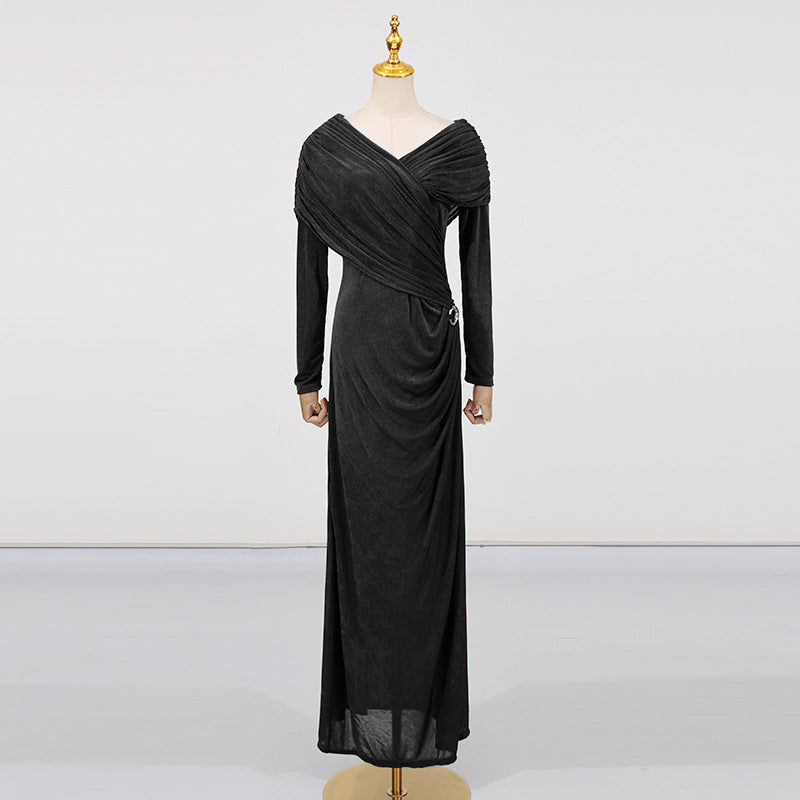 Robe de soirée à manches longues en col V drapé