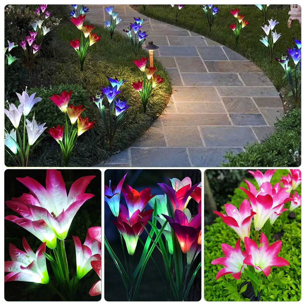 2Pcs Solar Garden Lights Outdoor Lily Flower LED Light 7 couleurs changeant IP65 Waterproof Fo