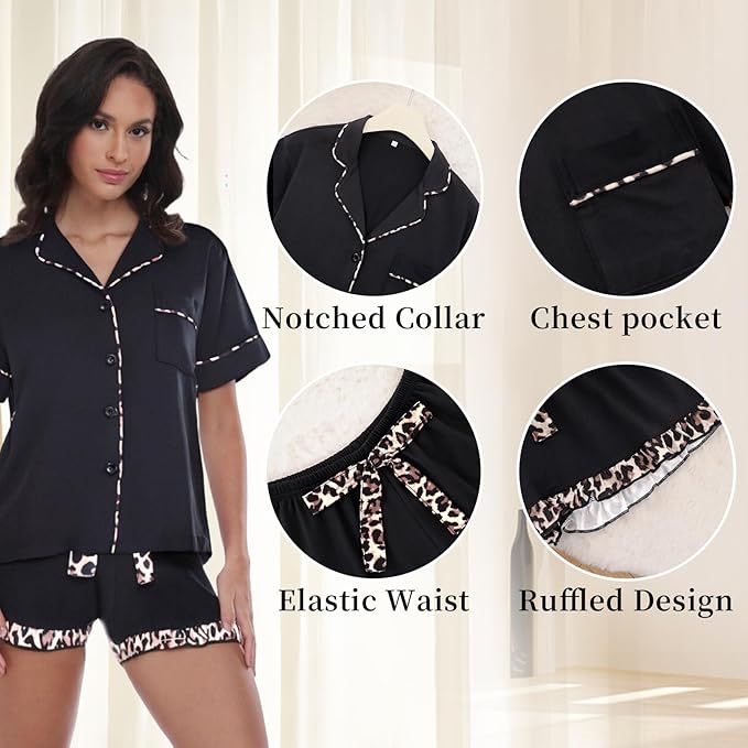 Pyjama d'été RONGTAI pour femmes set Short Sleeve Button Down Leopard Pjs Lounge sets doux