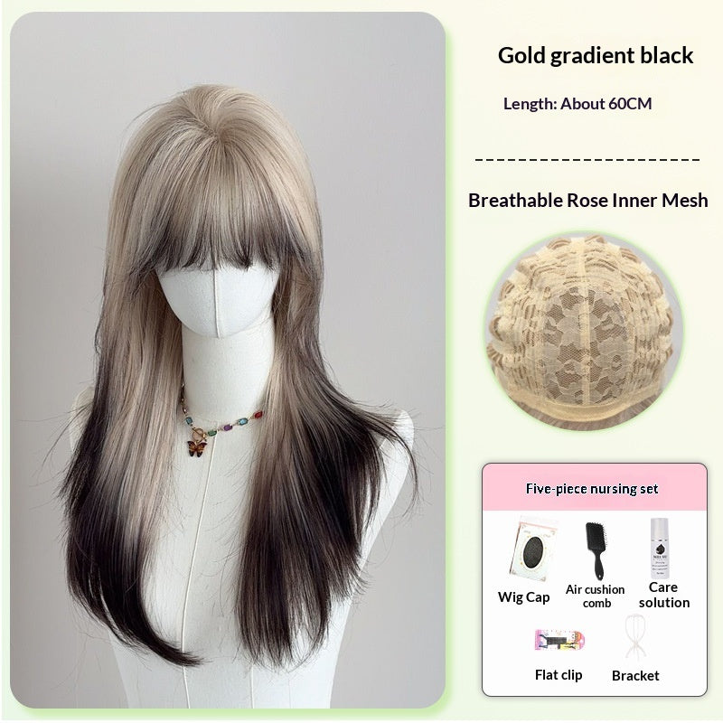 Ombre Long Curly Wig with Wispy Bangs