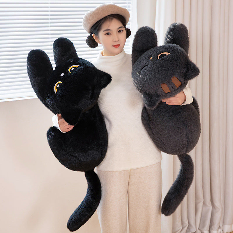 Jouet d'oreiller en peluche de grande poupée Chat noir couché