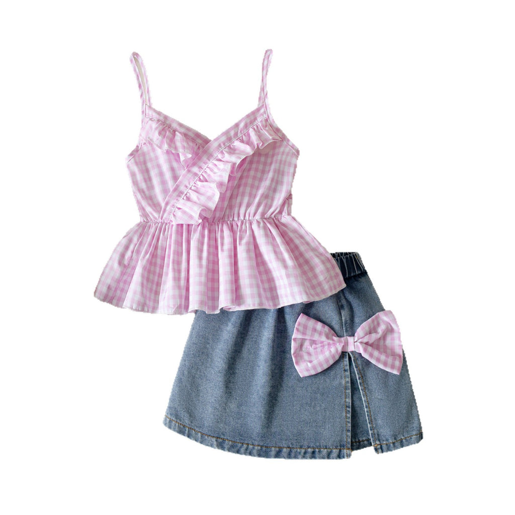 Plaid Dentelle Camisole et Denim Skort Set