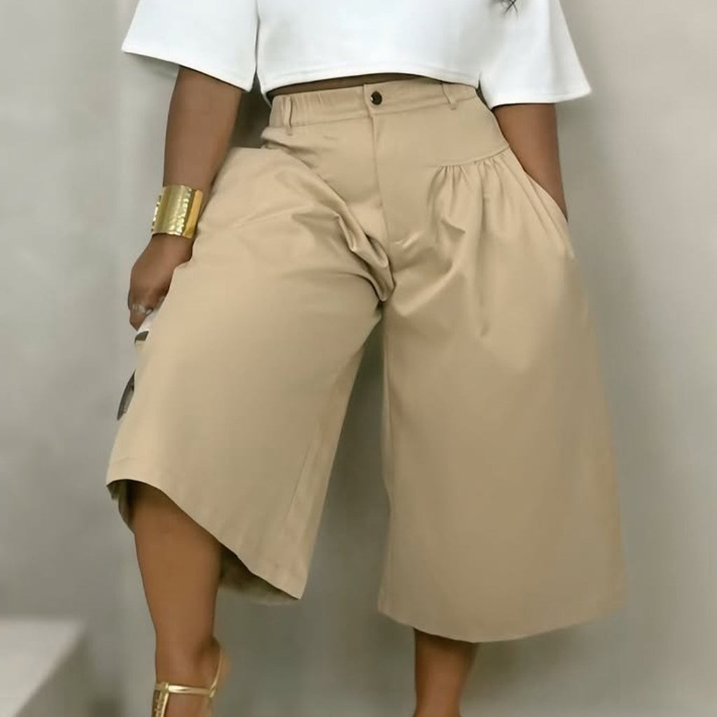 Ld2849 Khaki semi-élastique Waistband Front plissé large-leg Loose Fit Drapey Straight Casua