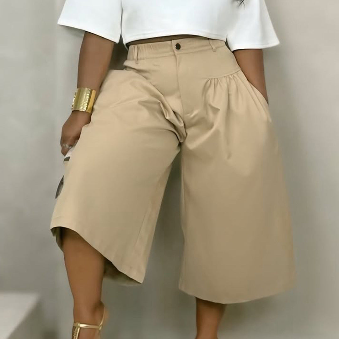 Ld2849 Khaki semi-élastique Waistband Front plissé large-leg Loose Fit Drapey Straight Casua