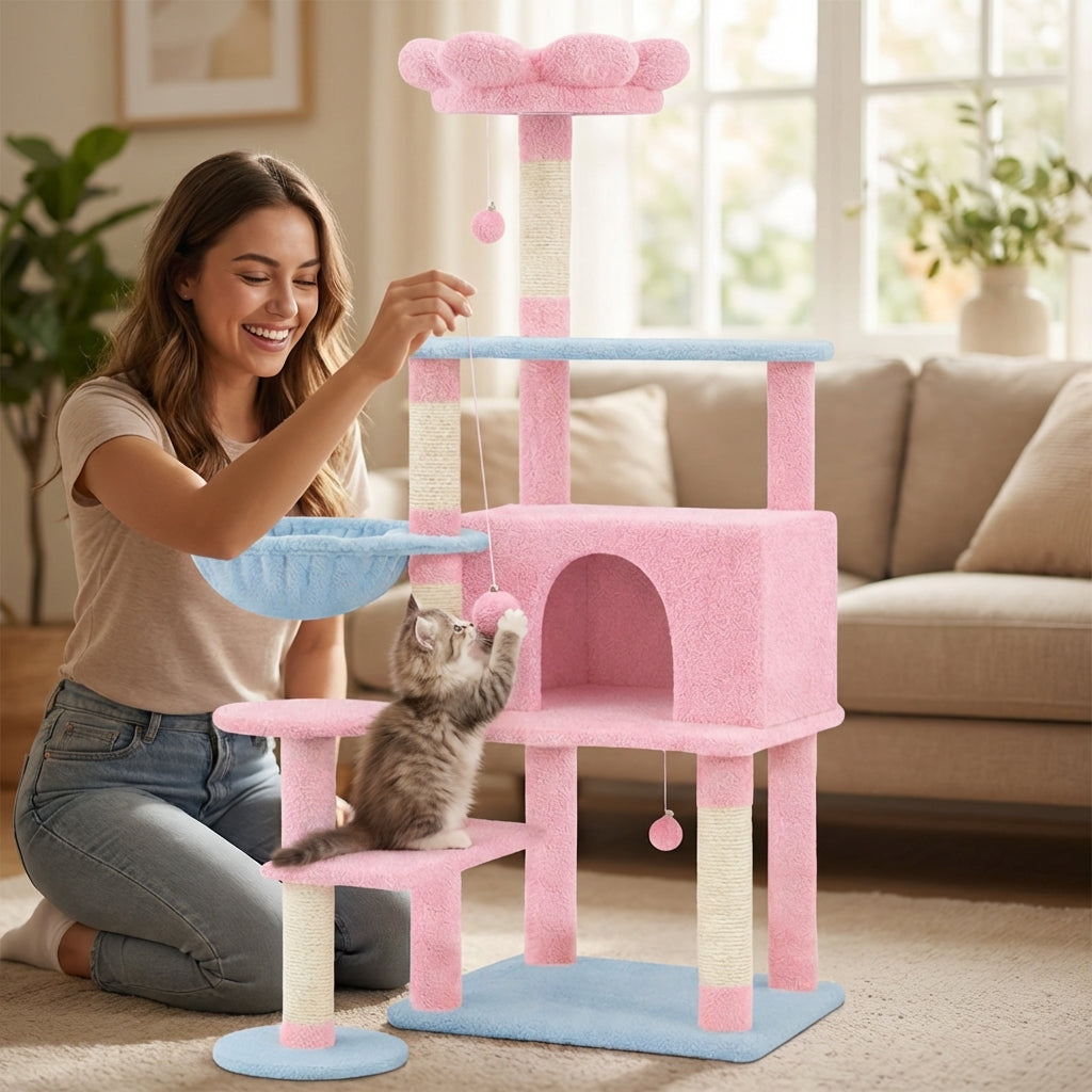Arbre de chat fleur avec grand condo coussin de fleur amovible et hamac rose