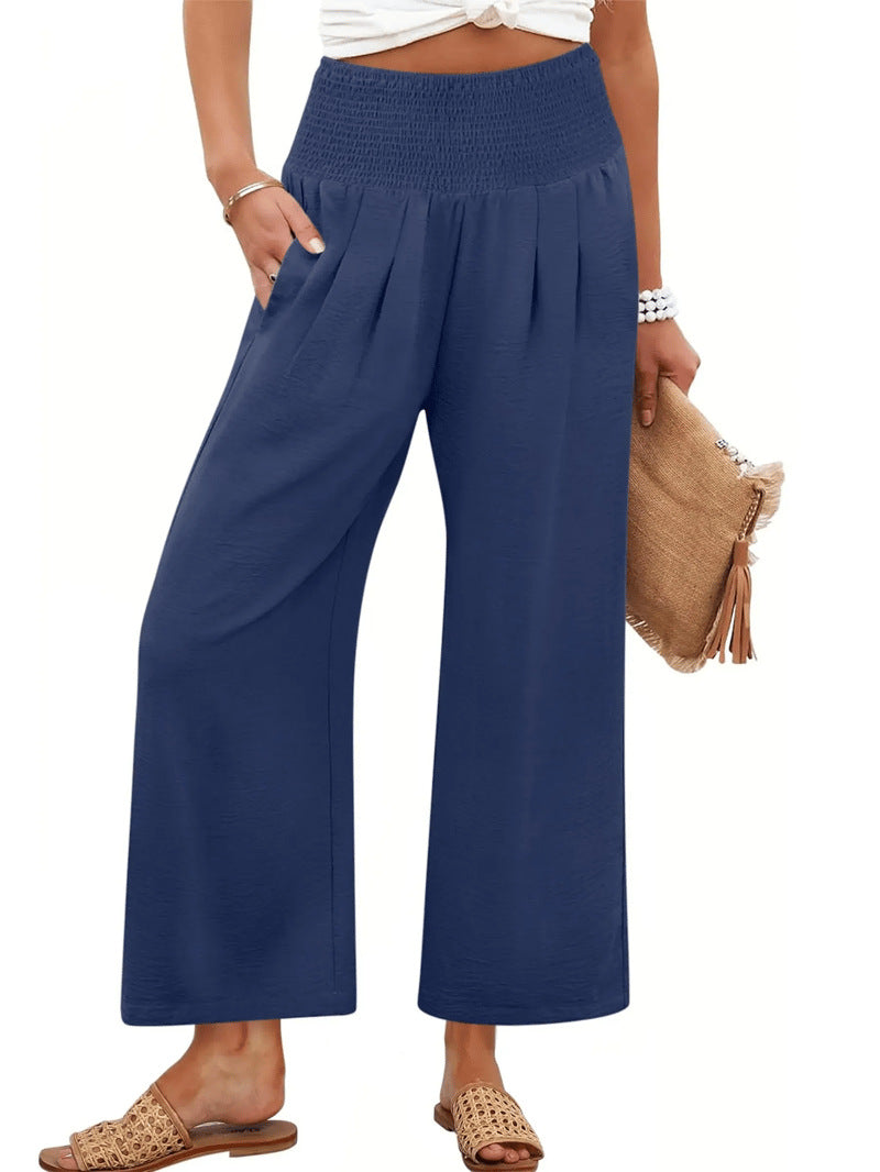 Printemps et automne Couleur solide Pantalons de femmes broyés haute taille taillés droit-leg Casual