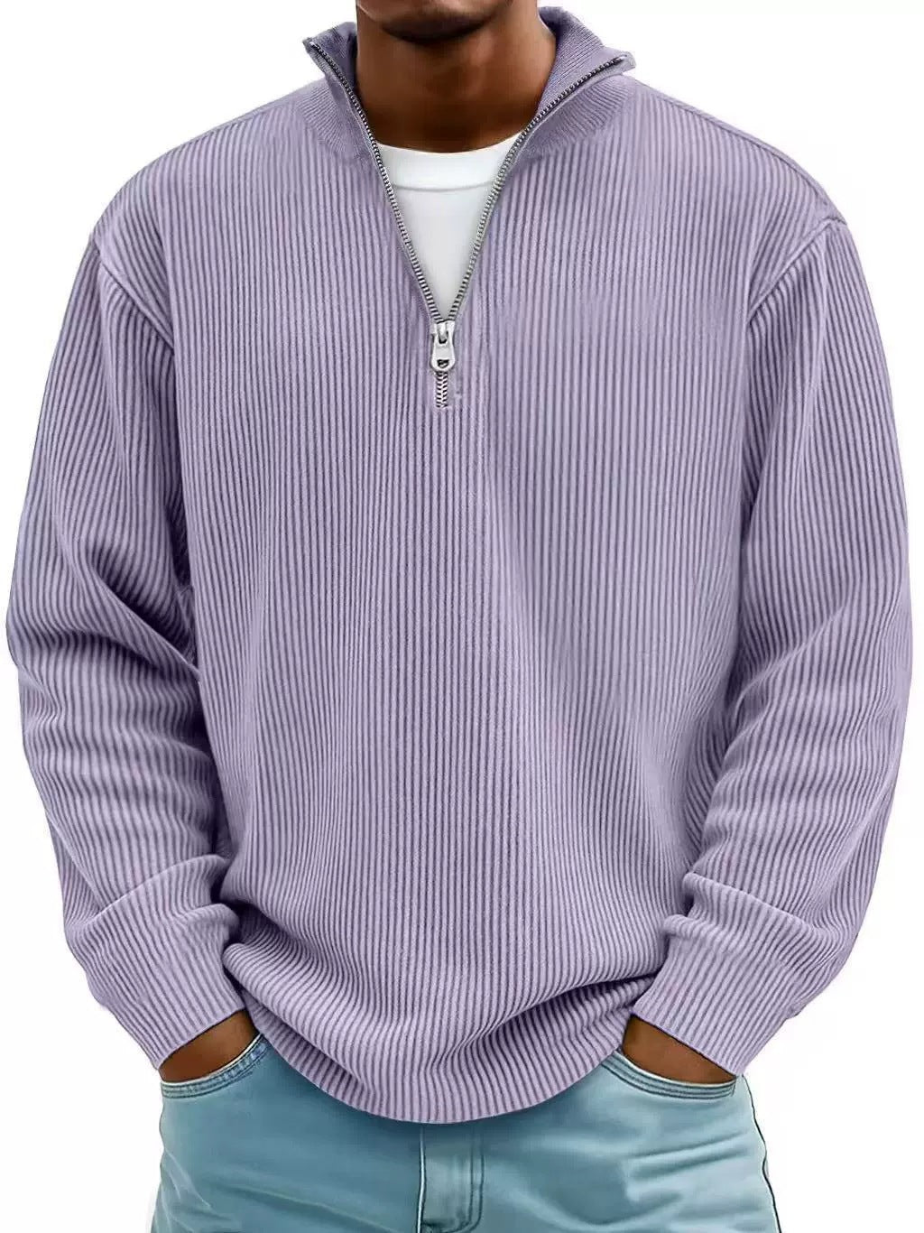 Amazon Arrivée Automne Hommes Casual Top Stand Collared Corduroy Longue Manches Hommes Polo Shir