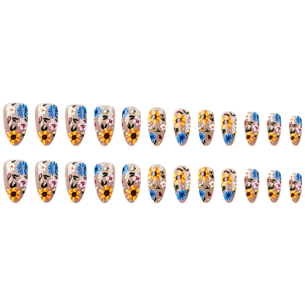 Stickers 24 pièces de ongles acryliques en forme d'amande courte avec fleurs jaunes A