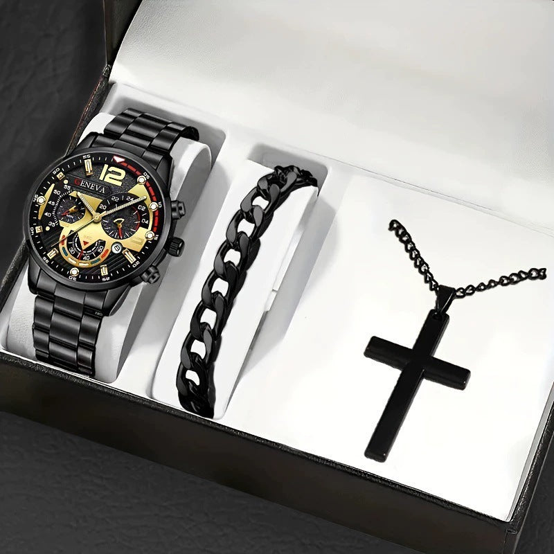 Men's Bracelet Cross Necklace and Watch Set