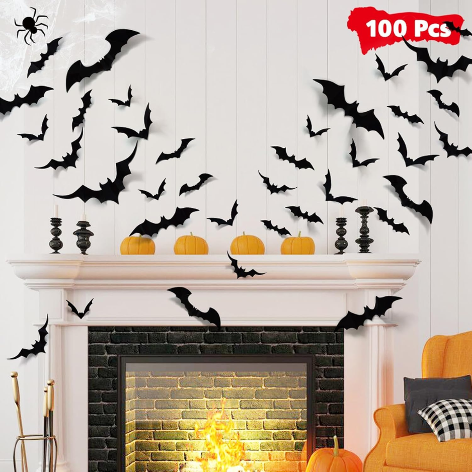 Stickers Decor mural pour chauve-souris Halloween 100Pcs - Décalques de chauve-souris en PVC noir 3D pour spooky intérieur et extérieur