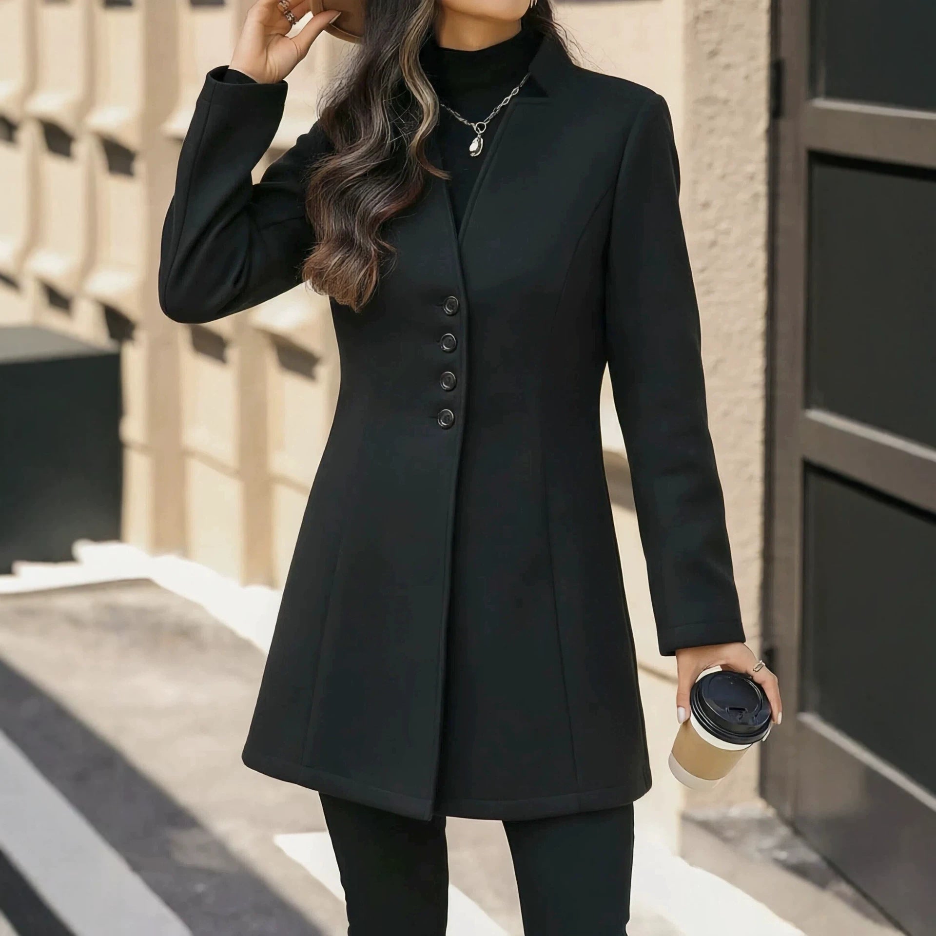 Élégante laine Stand-collar Trench Coat Style mi-long pour les femmes