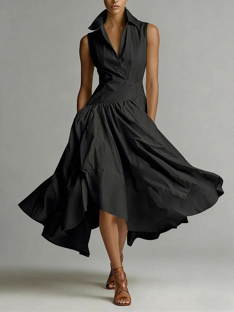Robe de mi-long avec col en chemise et sans manches
