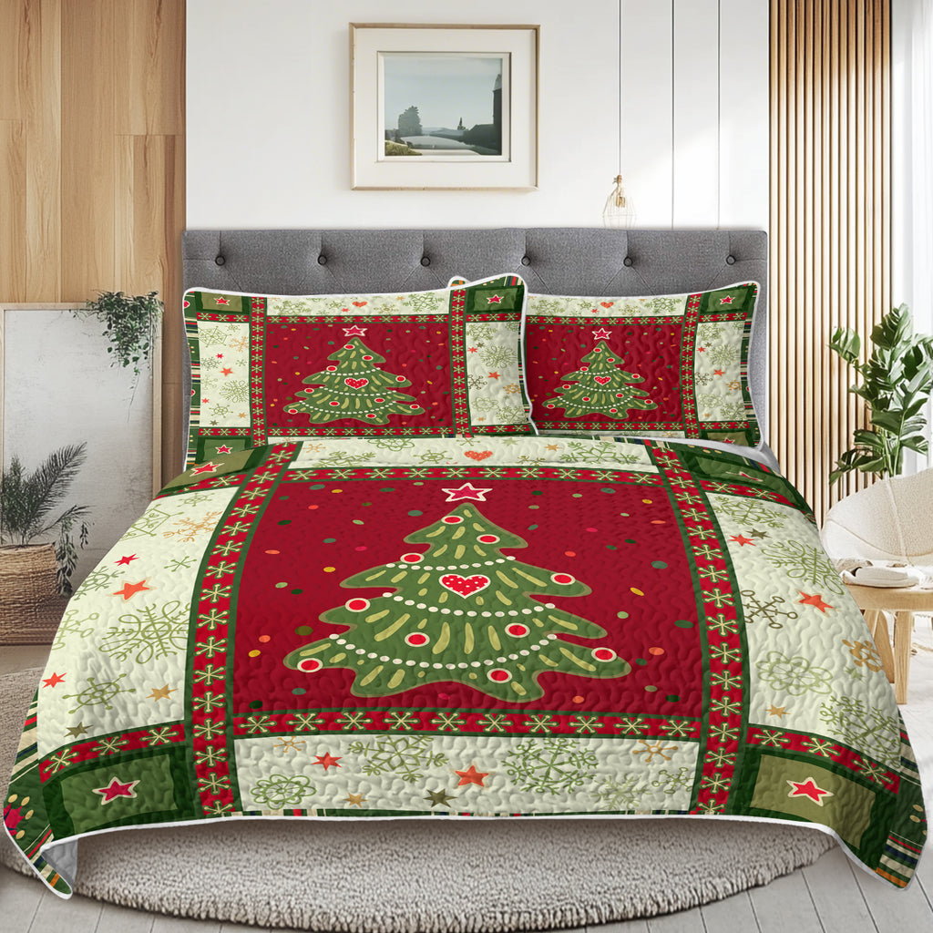 3 pièces Mignon arbre de Noël jeu de courtepointe rouge vert flocons de neige motif couvre-lit léger C