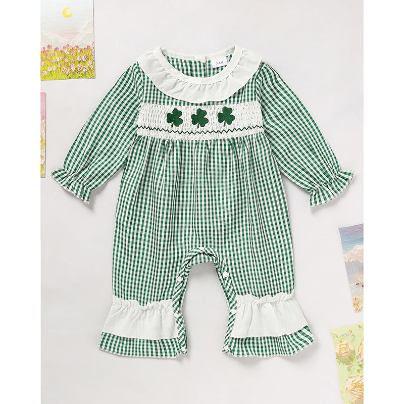 Ewborn Baby Girls Green Plaid Four-leaf Clover Allover Imprimer Bodysui à manches longues en une seule pièce