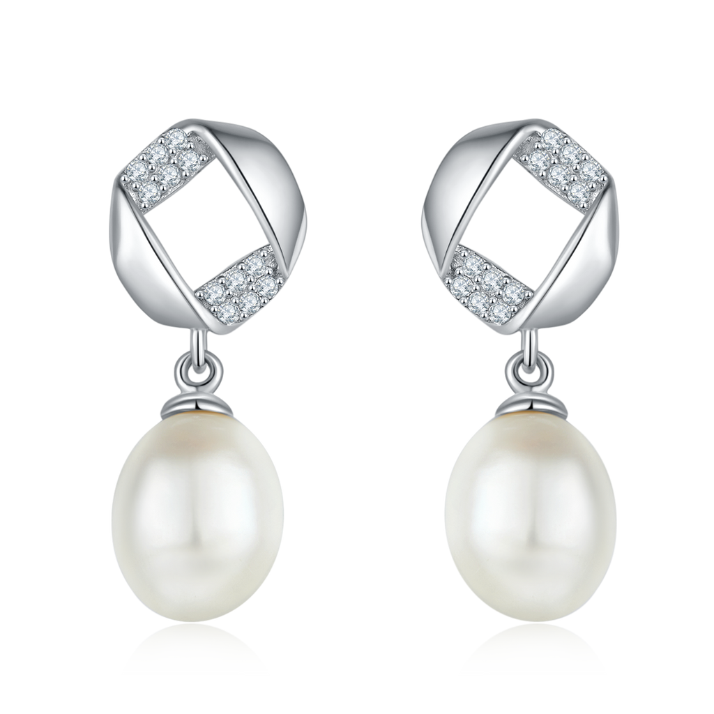 S925 Argent Sterling Boucles d'oreilles en perles d'eau douce naturelles Pave géométrique Drop Pearl Pl
