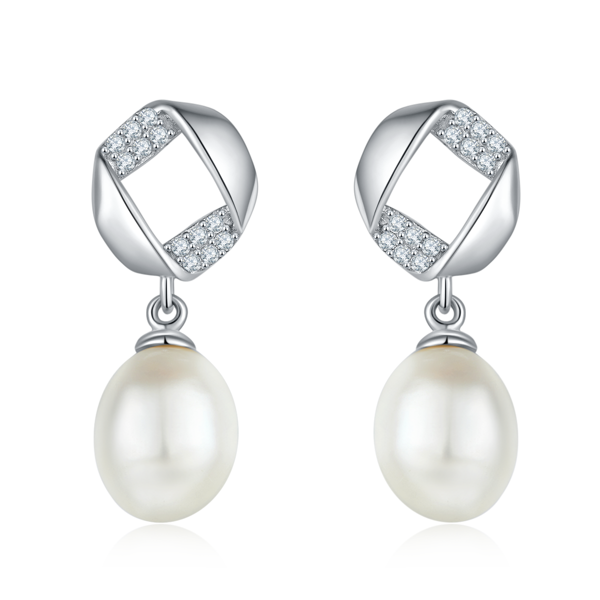 S925 Argent Sterling Boucles d'oreilles en perles d'eau douce naturelles Pave géométrique Drop Pearl Pl