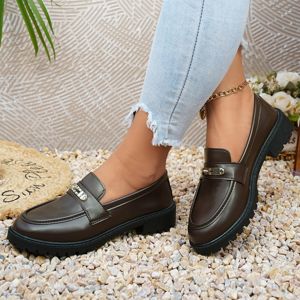 Femmes Classique Élégante Mode ronde orteil bloc bas talon Loafer en cuir Chaussures Élégante Versat