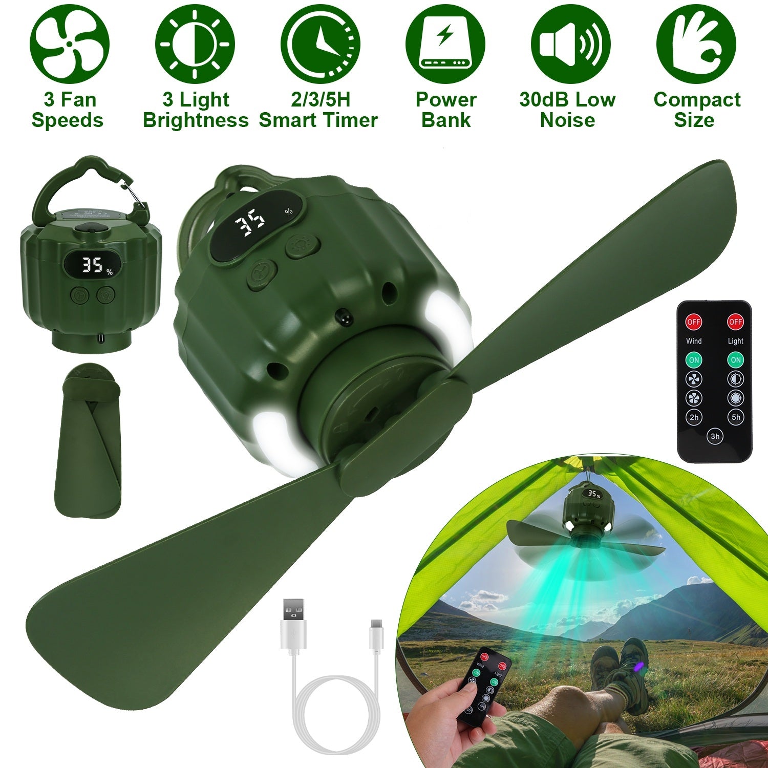Eventail de camping 3-en-1 avec lanterne LED