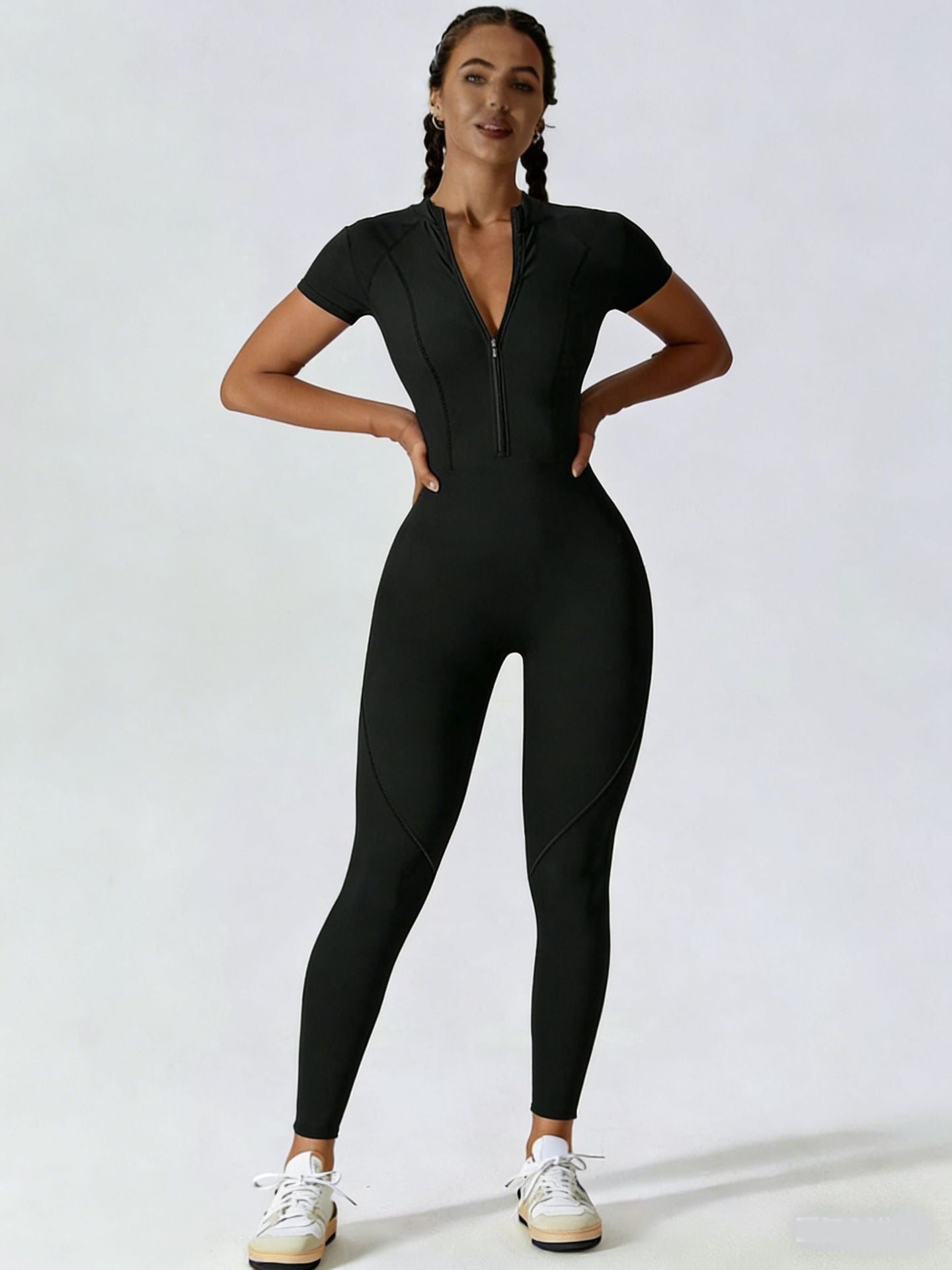 Maillot de saut en yoga à manches courtes Zipper pour femmes