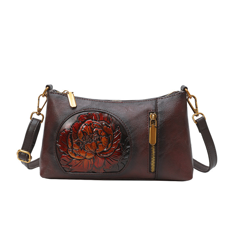Cuir souple Vintage Ethnic style sac à épaule décontracté en cuir sculpté à la main pour les femmes