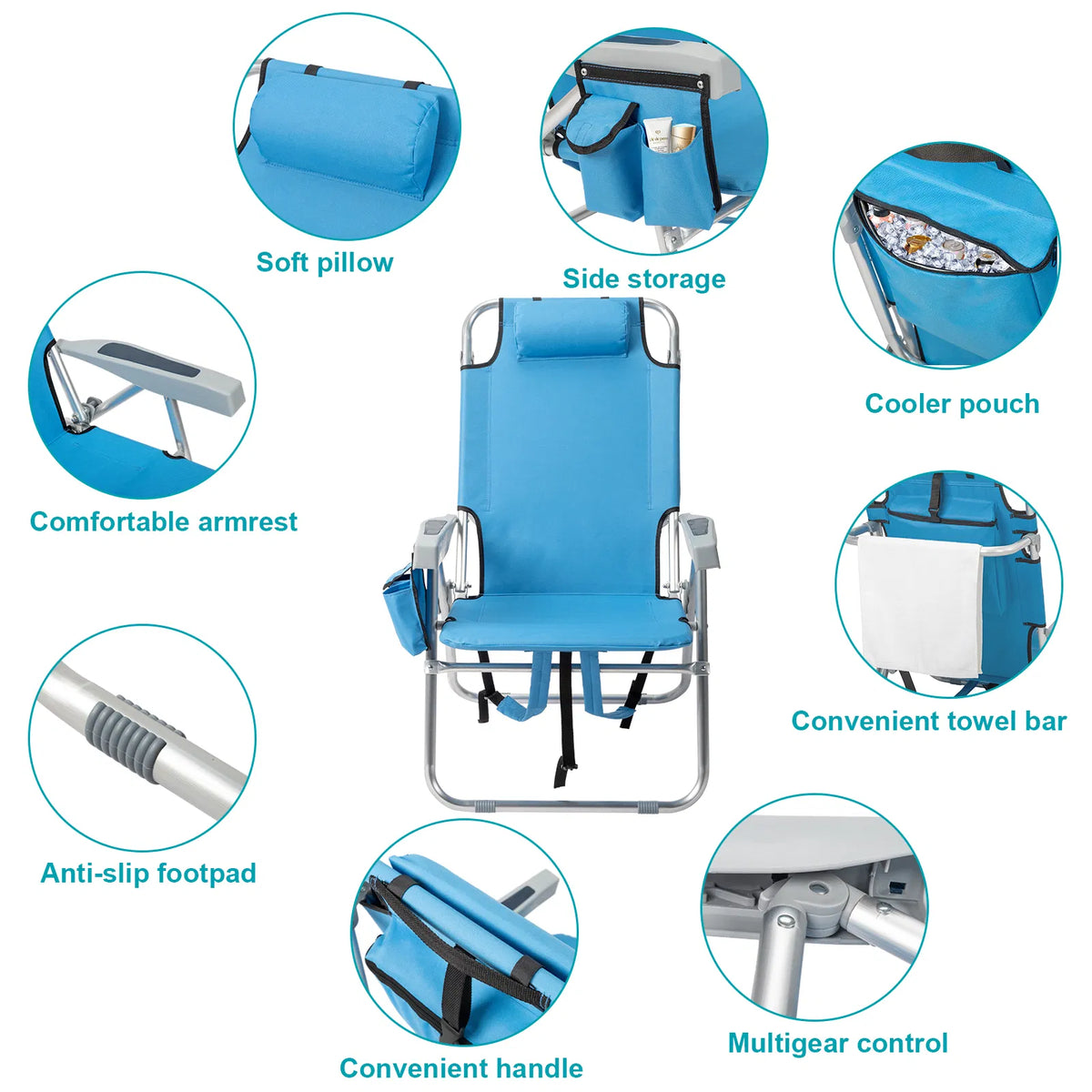 63*70*99cm Élevé Oxford Clot Argent Blanc Aluminium Tube roulement 100kg Chaise de plage Bl