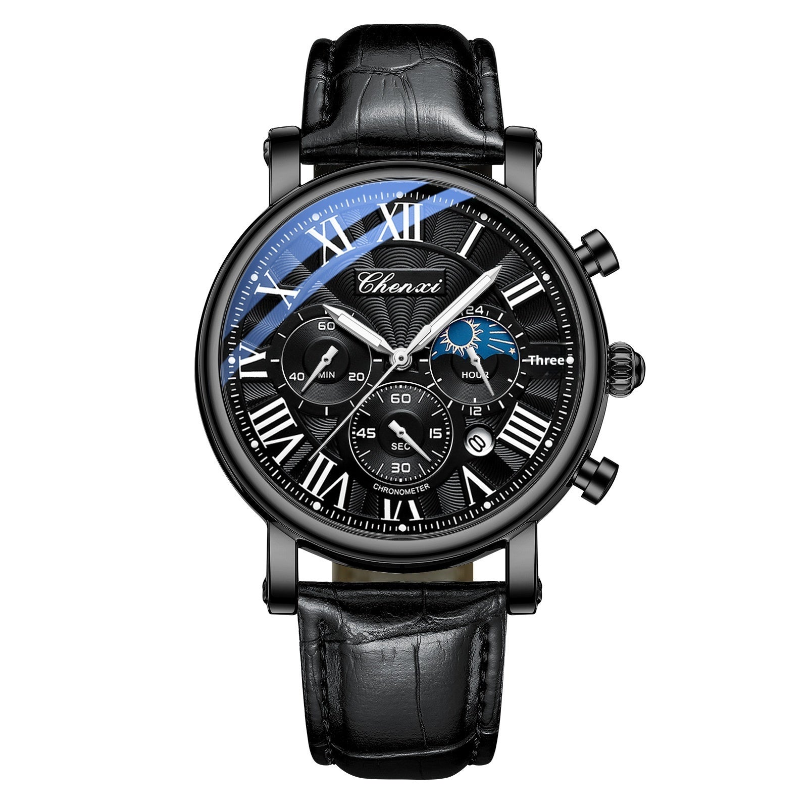 Multifonctionnel Hommes Business Moon Phase Calendrier Waterproof Watch