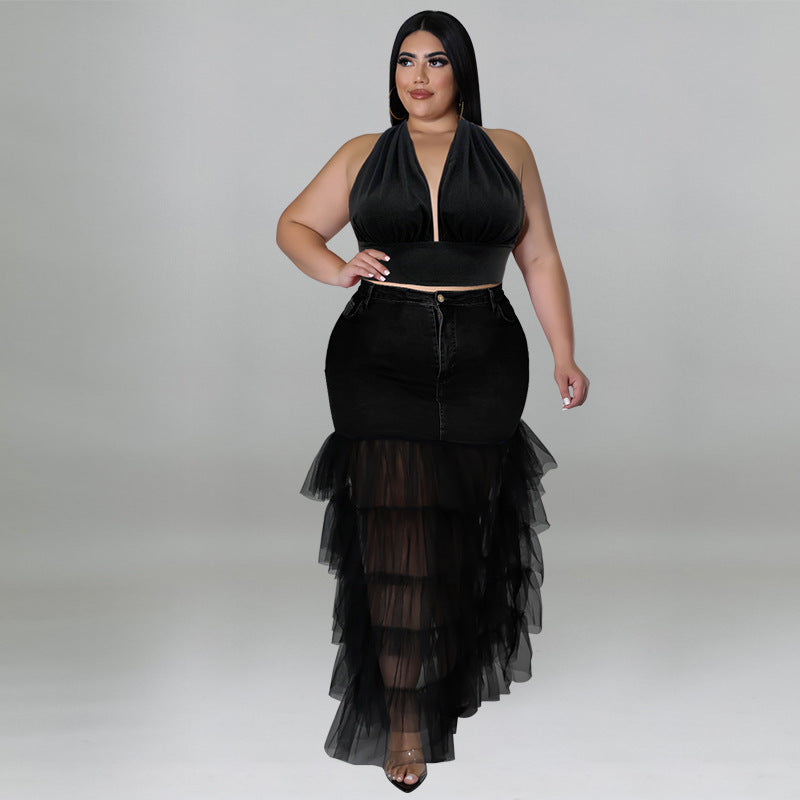 218187 L'Europe et les États-Unis Grande taille Laver les femmes Denim Mesh Sexy Jupe Amazon