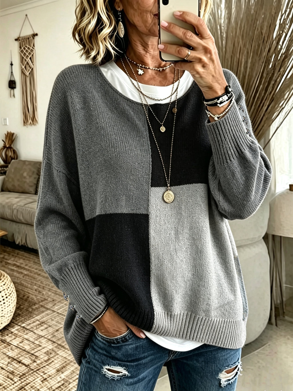 Col rond à la mode Casual Color-block Sweaterknitted pour la couche