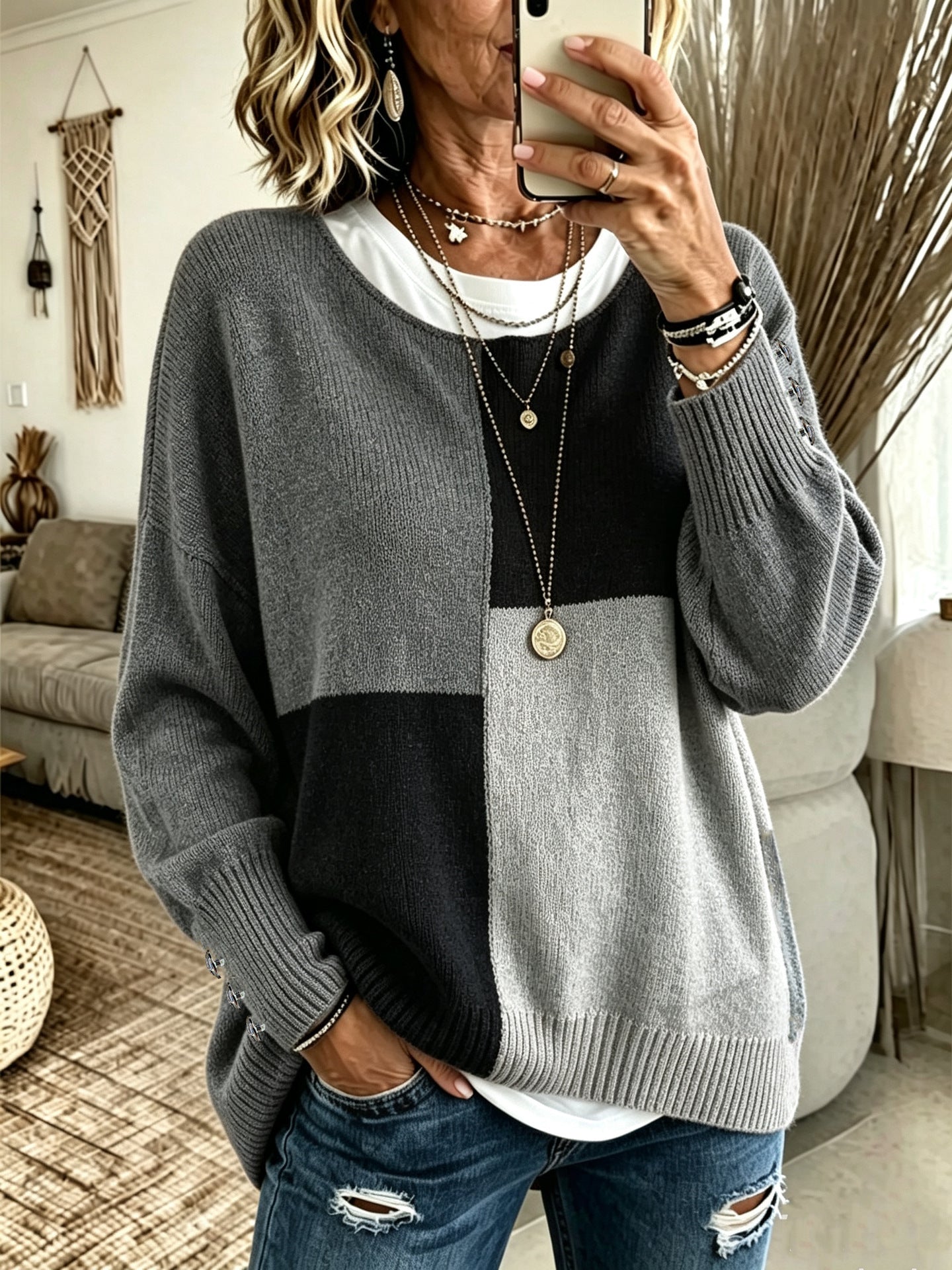 Col rond à la mode Casual Color-block Sweaterknitted pour la couche