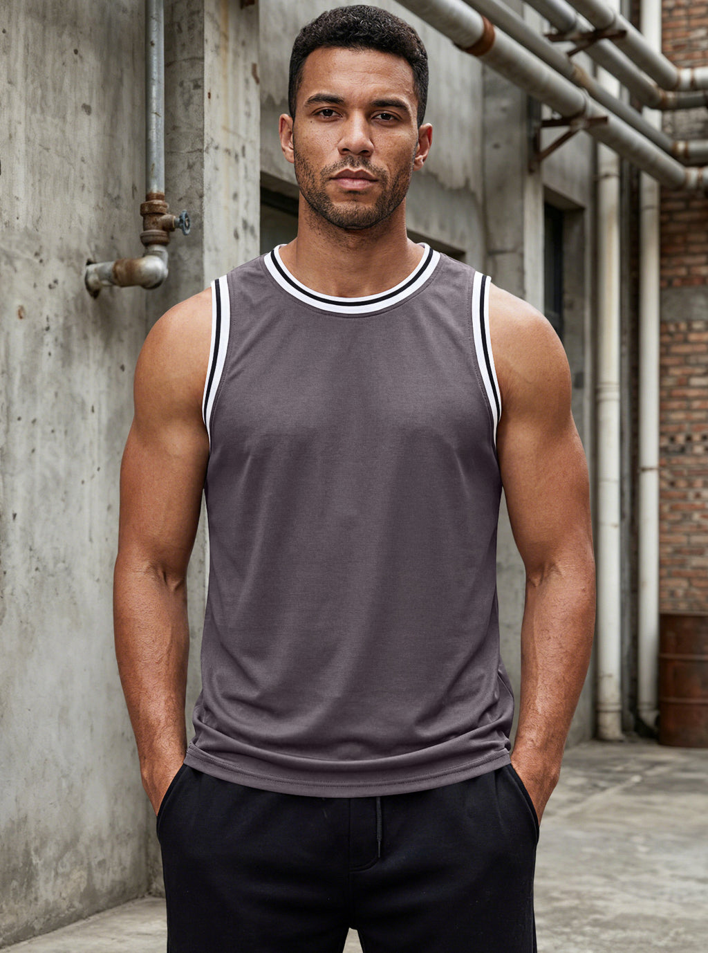 Sleeveless Summer Solid Color Ribbed Trim Crew Neck Tank Top