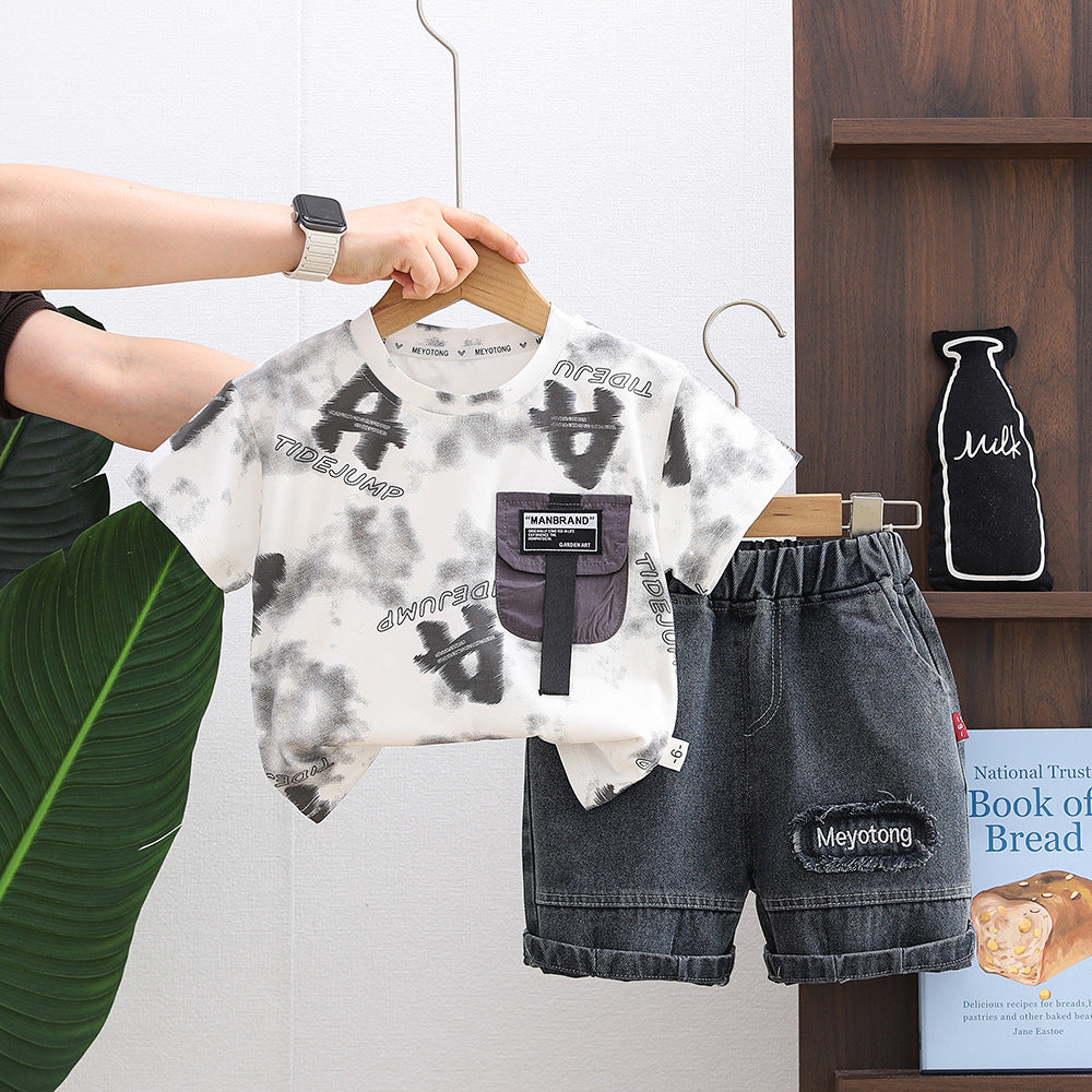 Boys' Two-Piece Set with Letter Print Short Sleeves