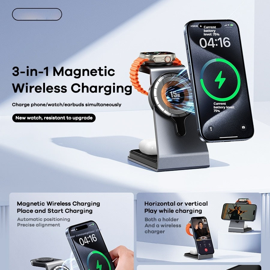 Non-Alloy Aluminum Upgrading Office Three-in-One Magnetic Wireless Charger